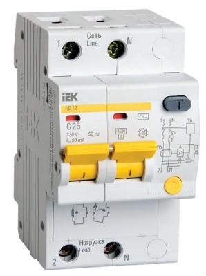 Дифференциальный автоматический выключатель AD12 2P 30mA IEK 25A 3908