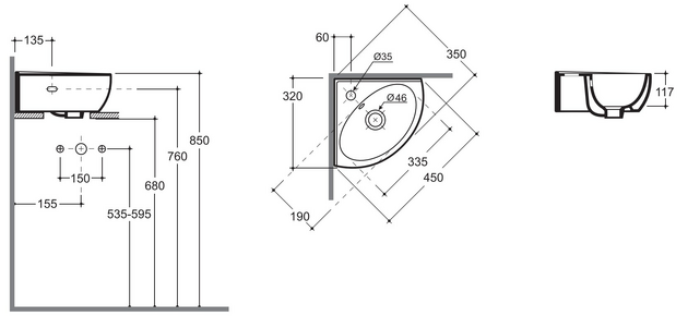 Lavoar Keramin de colt Lago 45 alb 1c