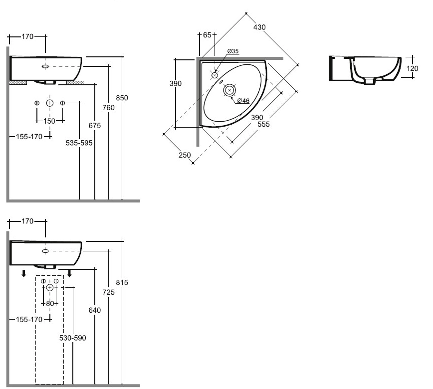 Lavoar Keramin de colt Lago 55 alb 1c