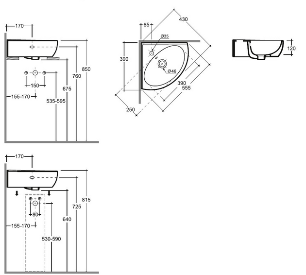 Lavoar Keramin de colt Lago 55 alb 1c